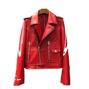 <b>Red</b> Pu Leather Moto <b>Jacket</b> Men Slim Fit Zipper Closure Turn-down Collar Short Length With White Letter Print On Sleeve - Product Image 1