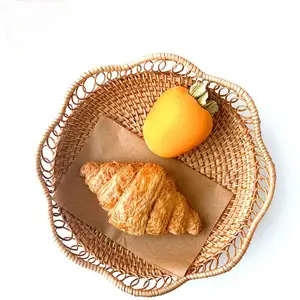 小手工藤条食品服务显示收纳篮圆形花形编织蛋糕面包水果糖果篮