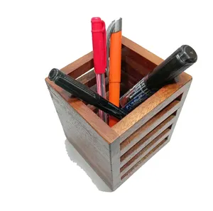 New Decorative Cheap Price Wooden Pen Holder Square Wood Joint Design Your Multipurpose Desk Organizing from Indian Supplier