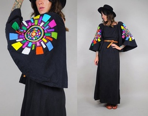 Robe longue d'été style bohème mexicain vintage, broderie florale, manches trois quarts, taille ample, dentelle, 6XL, plage, 100% coton - Product Image 3