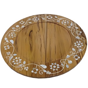 Plateau de service rond en bois Lazy Susan avec incrustation de nacre, centre de table décoratif pour salle à manger, cuisine, maison, restaurant - Product Image 1
