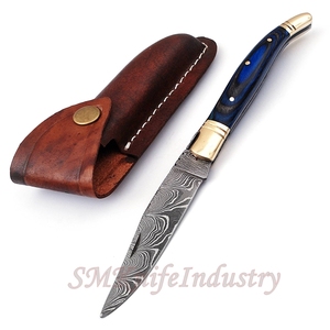 Couteau de poche pliant fait main de damas avec étui en cuir (smk1271), couteau multifonctionnel en acier, couteaux Sm de couleur bois - Product Image 2