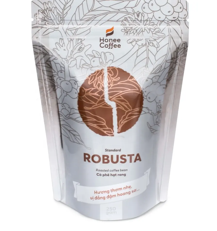 High quality Robusta roasted coffee beans in bag 250g 500g 1kg Honee Coffee brands made in Viet Nam