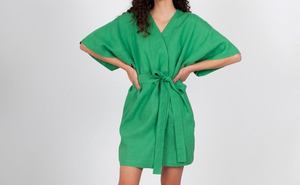 Robe Courte Vert Col V Manches Chauve-Souris avec Ceinture Coupe Ample 100% Lin Respirant Été Formelle Femme à Nouer - Product Image 3