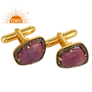 925 Sterling Silver Gold Plated Natural Pave Diamond & Ruby Gemstone Cufflink For Men's Diamond Jewelry Manufacturer - Product Image 2