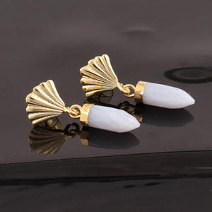 Boucles d'oreilles pendantes en agate bleue naturelle vintage de Bohème faites à la main en plaqué or pour - Product Image 6