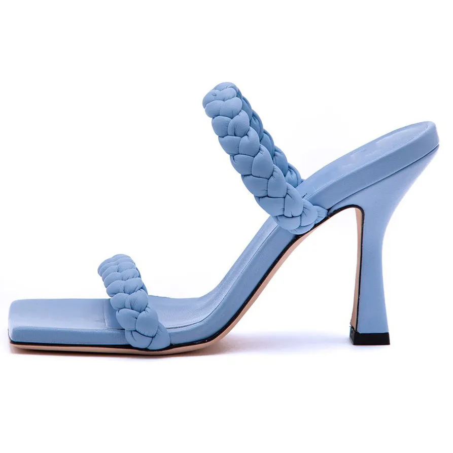 Schuhe Schuhe Hersteller Custom Logo Mode Trendy Blue PU Leder High Heels Damen Mädchen Frauen Hausschuhe Sandalen