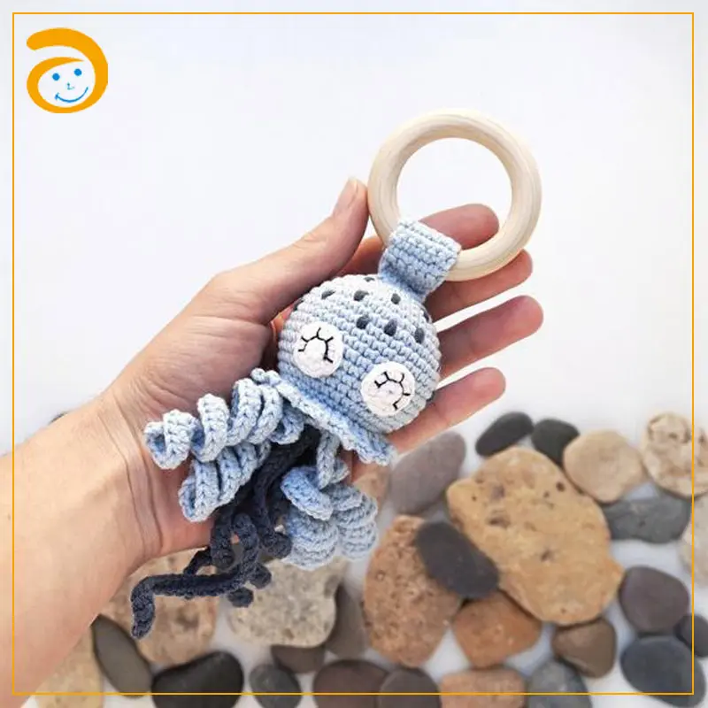 Sứa Gỗ Sồi 100% Cotton Đồ Chơi Lúc Lắc Móc Gỗ Amigurumi Lúc Lắc Teether Hộp Quà Tặng