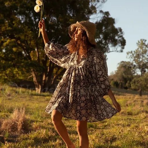 Indian Hand Blok Gedrukt Nieuwe Stijl Maxi Elegante Vrouwen Jurk Turn Down Kraag Met Hoge Taille Verzamelen Vakantie Avond Zonnejurk