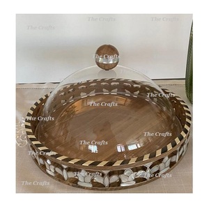 Plateau de service en bois de couleur marron avec dôme en verre plateau de service de qualité supérieure avec couvercle pour vaisselle - Product Image 2