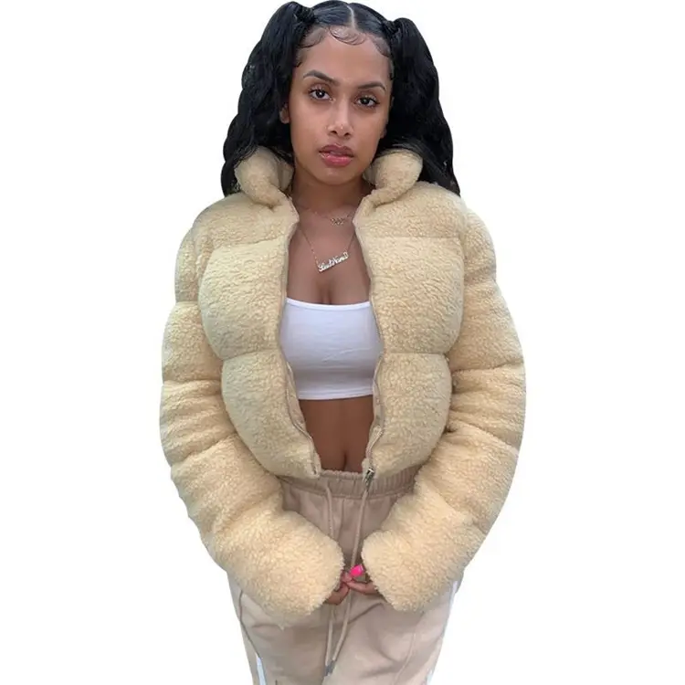 women cashmere short coats fleece warm puff jackets bomber coats solid color cute girls winter coat