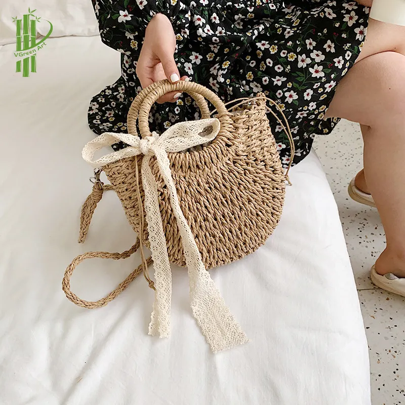 Hot trend Fashion Handmade Seagrass Woven Handbags Small Female Beach Tote Grass Paper Rattan Straw Weaving Women Hand Bags