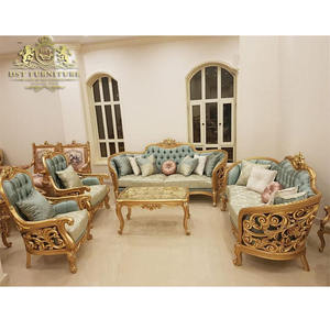 Juego de sofá tallado pesado Maharaja Fabricante Juego de sofá tallado pesado de estilo europeo Sofá tallado pesado dorado tapizado - Product Image 1