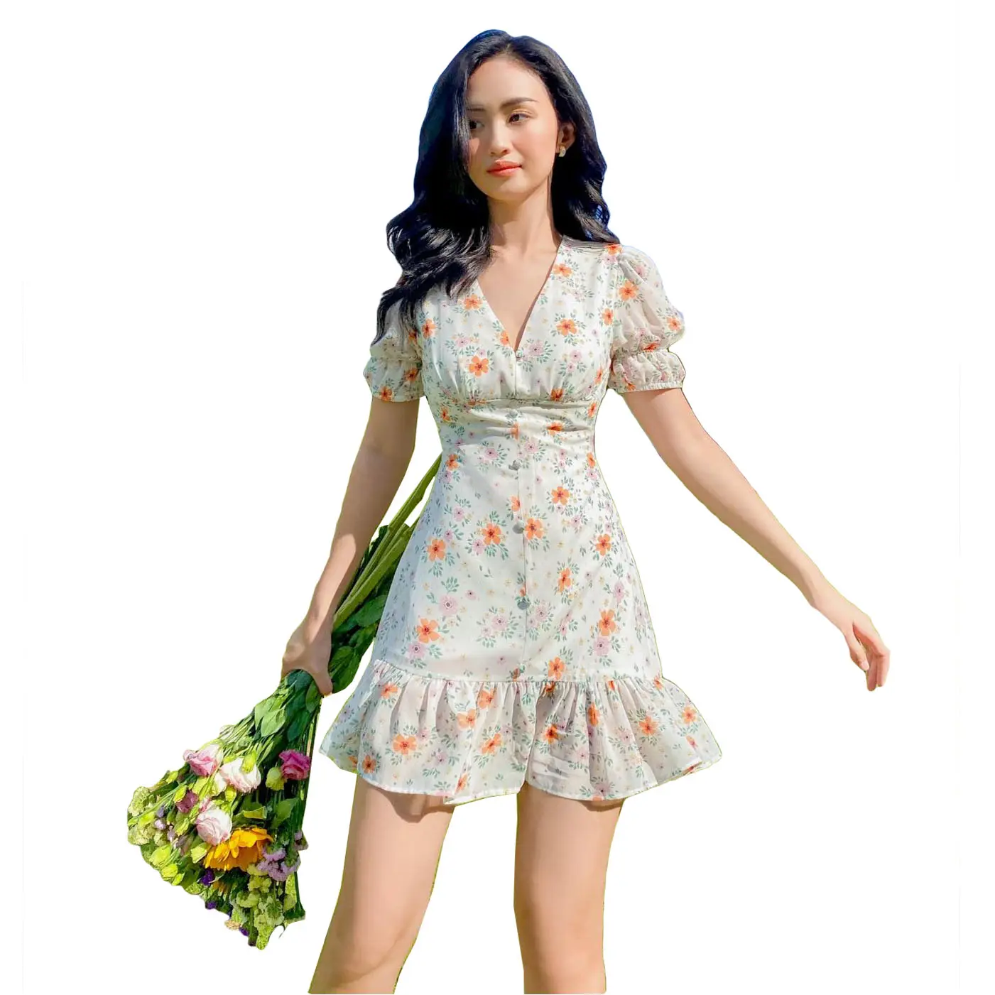 2021 Latest Korean Style Summer Fashion V Neck Short Sleeve Mini Dress Floral Print Chiffon Dress For Women Made in Vietnam