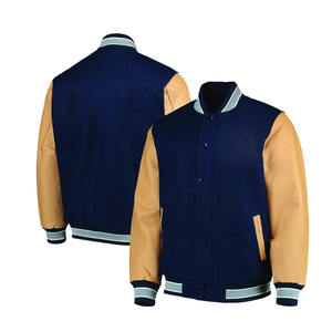 Blouson de Baseball de couleur bleu marine, vêtement de bombardier, en laine et en cuir, brodé, lettres, vente en gros, offre spéciale - Product Image 5