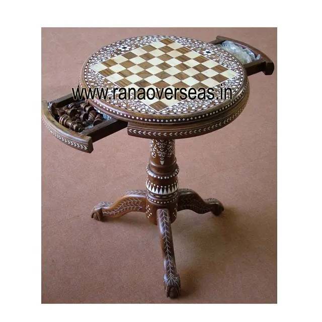 Tavolo da scacchi di forma rotonda in legno in stile classico con intarsio bianco opera d'arte e intaglio a mano per bambini e adulti