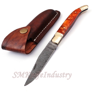 Custom Hand Forged Pocket Knife Hand Made Damascus Folding Knife with Leather Sheath Cover (smk1691) - Product Image 1