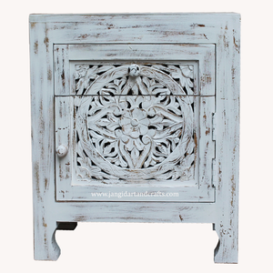 Table de chevet moderne en bois massif sculpté à la main, finition blanchie, avec 1 tiroir et 1 porte, durable, pour salon, Jangid Art - Product Image 4