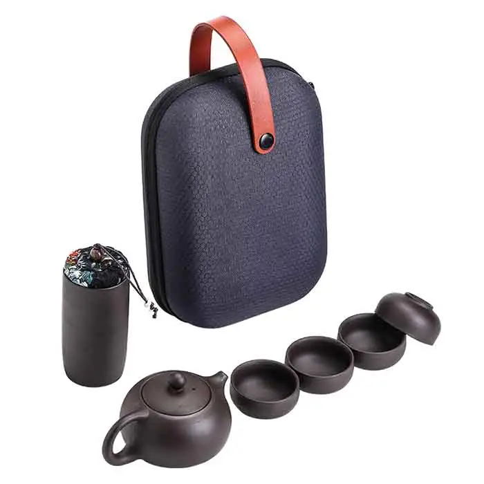 Mini théière KungFu chinoise en céramique, disponible en voyage, 1 théière, 4 tasses, 1 caddie, 1 infuseur à thé, sac Portable pour pique-nique