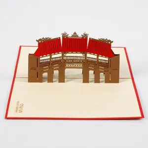 Vietnam el sanatları üreticisi toptan ve tedarikçi Pagoda köprü hediye 3D Pop Up tebrik kartı modeli