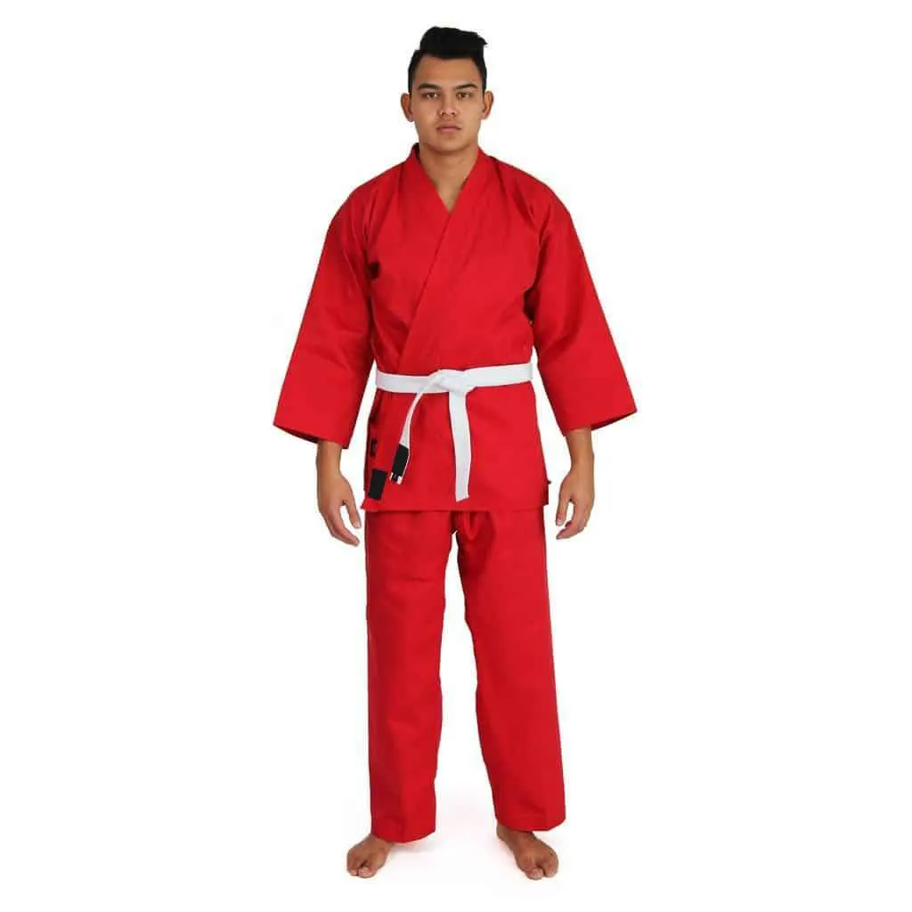 Rotes Karate Gi Anzüge Kampfkunst-Uniformen Yasin trägt Erwachsenen-Baumwoll-Karate-Anzug kundenspezifisch mittleres Gewicht elastische Hosen