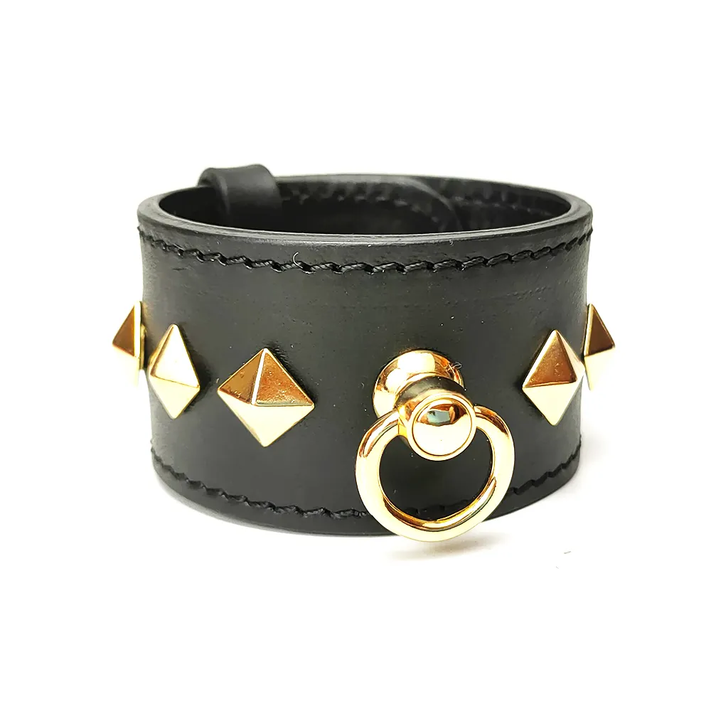 Leather Bracelet Hand made in Italy Hand golden Pyramid rivet and Ring Fashion Style