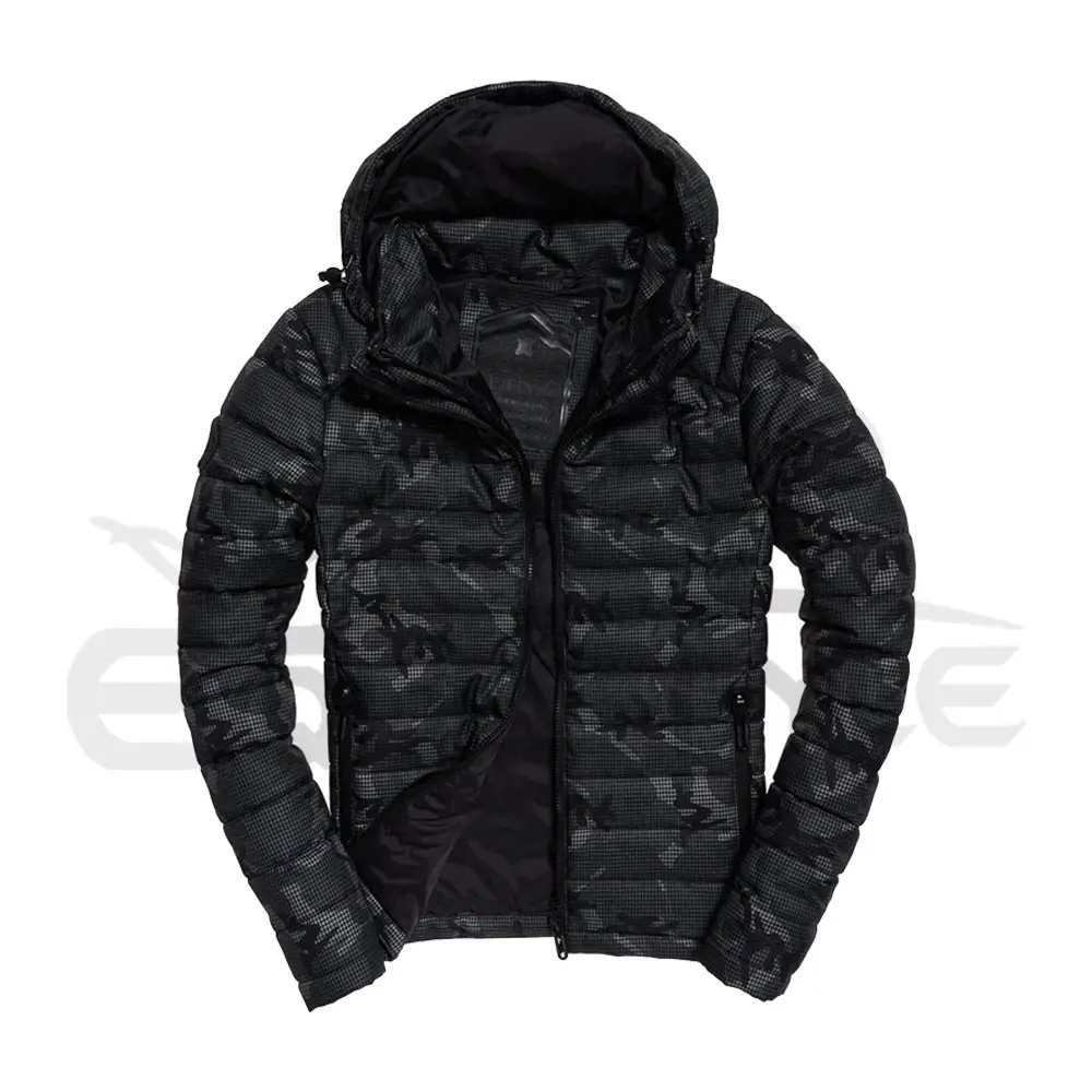 Puffy Jacket Men's Tall Size Hooded Down Jacket Camo Design Thick Zipper Breathable Custom Printed Lightweight Winter Jacket