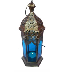 Lanterne marocaine hexagonale en fer indien de qualité supérieure, en métal doré, attrayante et unique, porte-bougie, décorations de fête élégantes Atiqco - Product Image 5