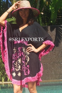 <b>Boho</b> Floral Embroidered Mini Kaftan <b>Dress</b> with Fringed Hem V Neck Batwing Sleeve Loose Fit <b>Summer</b> Beach Cover up 100% Cotton - Product Image 2
