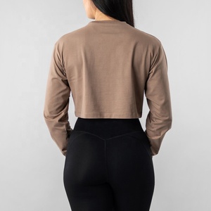 Camisetas personalizadas para mujer, Top corto de cuello redondo, sudaderas de algodón y licra, camiseta atlética de manga larga holgada - Product Image 2