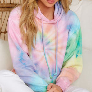 Usine personnalisée de haute qualité femme recadrée laine à capuche cravate-teinture surdimensionné haut court avec capuche cravate-teinture femme sweat à capuche Shorts - Product Image 6