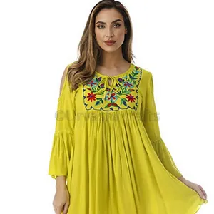 perfect fitting Mexican peasant cold shoulder casual dress embroidery work tie neck women dress