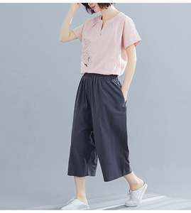 Nouvelle arrivée 2026, robe en lin pour femmes sexy, design tendance, couleur rose, crêpe, col en V, imprimé, manches courtes, demi-palazzo - Product Image 1