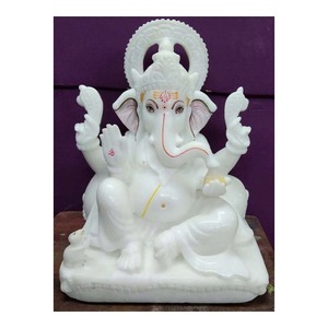 Statue assis en marbre blanc poli, artisanal, dieu Ganesha, 1 pièce - Product Image 1