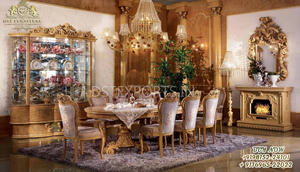 Royal Golden ชุดโต๊ะอาหาร8ที่นั่ง9ชิ้น,ชุดโต๊ะรับประทานอาหารแกะสลักมือห้องอาหารไม้สักสีทองเสร็จสิ้น - Product Image 3