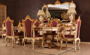 Ensemble de meubles de salle à manger en bois, vintage, classique, décor antique, table à manger avec chaises, en feuille d'or, 8 places - Product Image 2