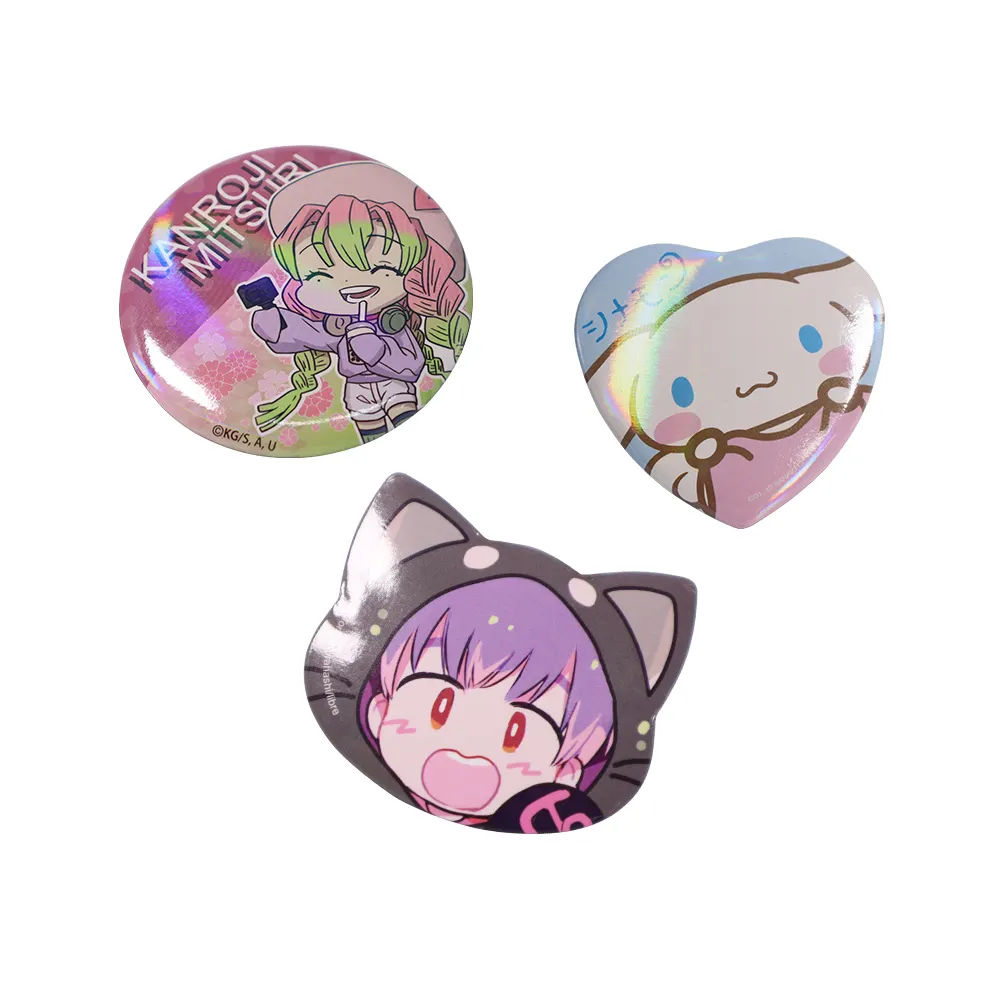 Fabricante de fabricación, botones de insignia de diferentes formas personalizados, insignias de botón de Pin de Anime, Pin de seguridad de estaño impreso en Metal