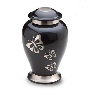 Urnas funerarias de entierro con diseño de mariposa pintadas a mano con acabado esmaltado de color negro, urnas de Metal decorativas personalizadas al por mayor - Product Image 1