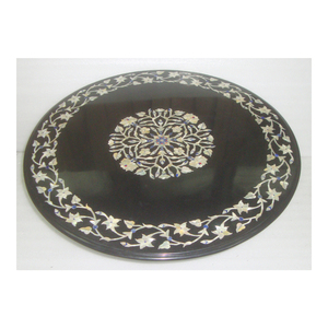 Plateaux de table à manger en marbre noir avec incrustation de nacre blanche - Product Image 1