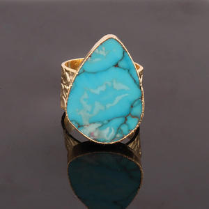 Bague en turquoise bleue en gros, bague à bande épaisse réglable, bijoux en laiton doré, bagues de créateur tendance, bague unisexe, cadeau - Product Image 3