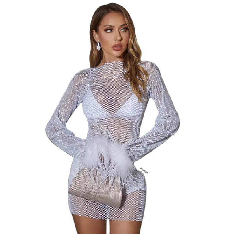 Sexy Mesh Crystal Backless Dresses 2022 New See Through Metallic White Party Western Dresses for Women