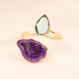 <b>Hot</b> Selling Faceted Cut Sky Blue Quartz & Purple Geode Druzy Rings Gold/silver Plated Open Finger Double <b>Stone</b> Adjustable Rings - Product Image 4
