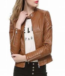 Chaqueta de cuero genuino de moto con estilo para mujer Venta caliente Chaqueta de lona de otoño Teñido liso - Product Image 3