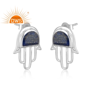 Blue Lapis Lazuli Gemstone <b>Studs</b> Wholesale 925 <b>Fine</b> Silver Hamsa Hand Shape <b>Stud</b> <b>Earrings</b> Jewelry Classic Collection - Product Image 2