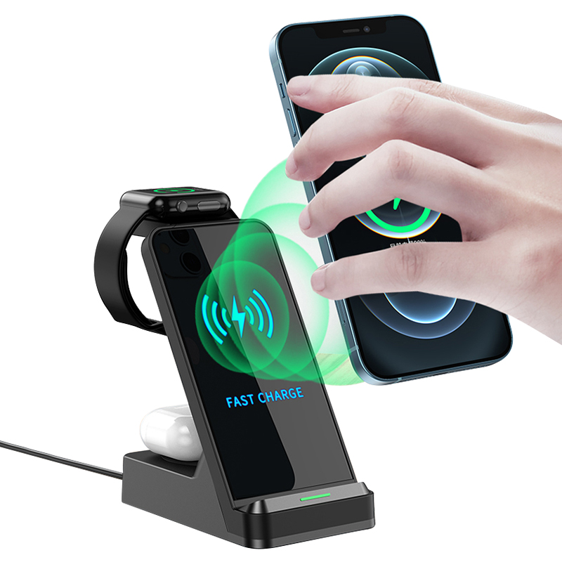 Лидер продаж на Amazon, беспроводная зарядная станция 3 в 1 с сертификатом Qi для iPhone 12 iwatch airpods