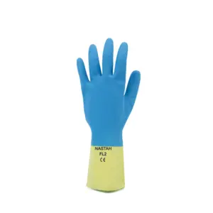 Nastah blue over yellow color household latex gloves for waste recycling dirt and debris materials handling 100% made in Malaysi