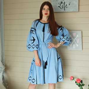 2023 últimos vestidos de lino con bordado Floral ucraniano para mujeres hechos a mano 100% algodón blanco bordado azul acentos para otoño - Product Image 1