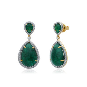 28 Ct Natural Emerald Gemstone Solid 14k Gold Designer Pave <b>Diamond</b> Drop <b>Dangle</b> <b>Earrings</b> Wedding Jewelry - Product Image 4