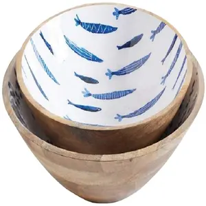 Hot Selling Wooden Resin Enamel Printed Bowl in blue color fish Mango Wood Natural