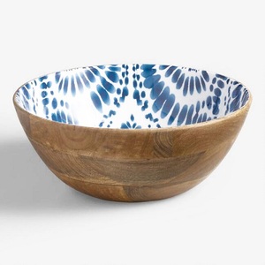 Dinnerware Enamel Printed Bowl <b>Green</b> and White <b>Color</b> Round Shape Table Decoration High Quality Acacia Wood Serving Bowl - Product Image 5